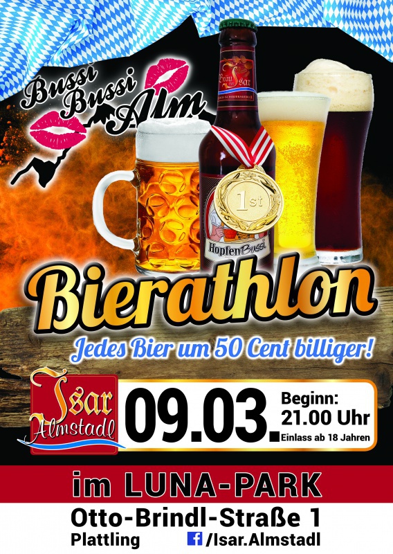 Flyer/Grafik zum Event: Bussi-Bussi-Alm "Bierathlon" am Fr., 09.03.2018 von 21:00 bis 04:00 Uhr